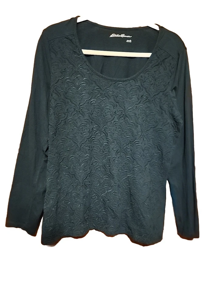 Top bohemio delantero bordado Eddie Bauer para mujer talla PL algodón manga larga verde azulado Foto 1 de 4