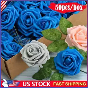 50pcs Blue White Artificial Flowers Foam Roses Decoration DIY for Wedding Party - Picture 1 of 19