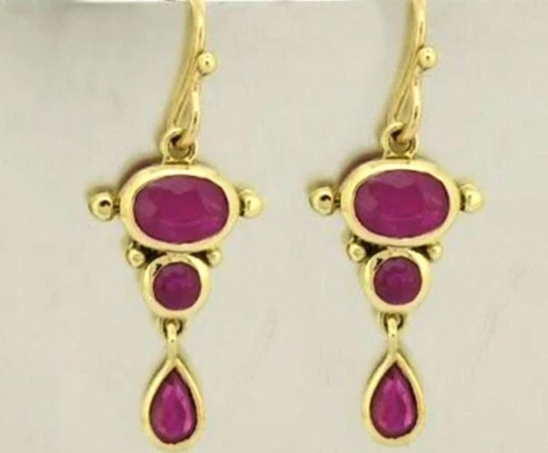 E080 Genuine 9K or 18K Yellow or Rose Gold Natural Ruby Drop Dangle Earrings - Image 1 of 1