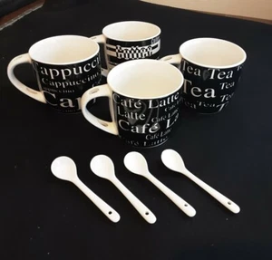 BLACK AND WHITE COFFEE CAPACCINO CAFÉ LATTE TEA FOUR PIECE CUP AND SPOON SET - Picture 1 of 7