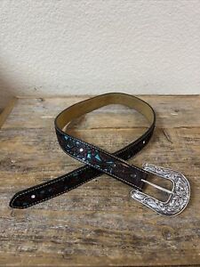 ARIAT BELT BROWN/TURQUOISE LEATHER OVERLAY RHINESTONES FLORAL SIZE 28