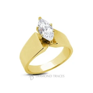 Anillo solitario de vástago ancho de oro de 14 k con diamantes naturales marquesa de 1,02 quilates H-SI1 en muy buena condición 7 mm - Imagen 1 de 7