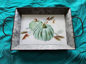 Rustic Metal Green Pumpkin Decorative Serving Tray, 13" with Handles - Picture 1 of 2