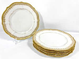 5 Elite Limoges France Fleur De Lis Scalloped Gold Encrusted Trim 8 1/2” PLATES - Afbeelding 1 van 24