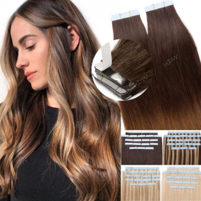 Cinta 150G en Extensiones de Cabello Humano 100% Real Trama de Piel Rubio Marrón Ombre 60 un. Foto 1 de 4