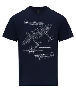 Spitfire Fighter Aircraft Technical Drawing Blueprint WW2 RAF T-Shirt - Picture 1 of 6