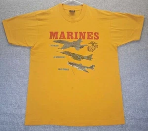 VTG 1989 MARINES Tshirt  Size L Yellow USMC Military Aircraft Single Stitch USA - Picture 1 of 21