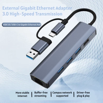 5 in 2 Gigabit Ethernet USB C to RJ45 Hub Dual-Port Wired Network Dongle Adapter - Image 1 of 4