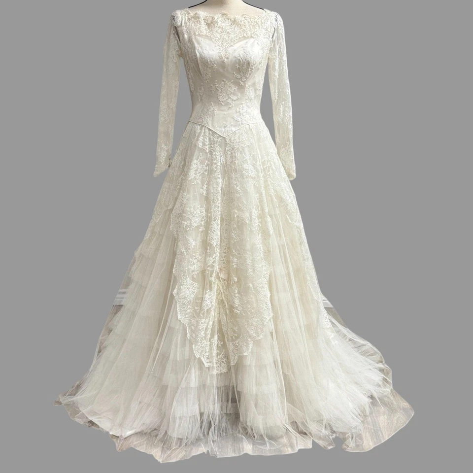 Vintage 50s Ivory Lace Wedding Gown Illusion Neckline - Image 1 of 4