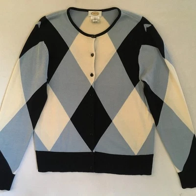 Talbots Women's Blue Multicolor Silk Blend Argyle L/S Cardigan Sweater Large L - Image 1 of 4