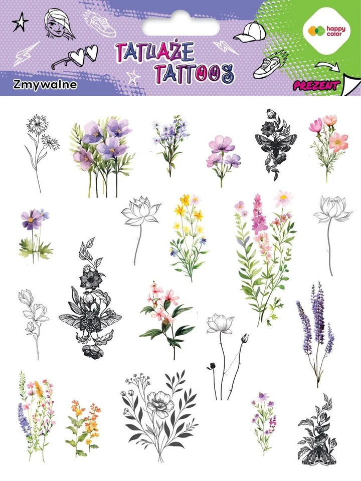5902979024573 FLORES Tatuaże zmywalne, rozm. 150x200 mm, Happy Color B/C GDD Foto 1 de 4