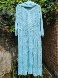 FREE INNER Women Lucknowi Chikankari Viscose Georgette Kurta Ethnic Summer Wear - Picture 1 of 9