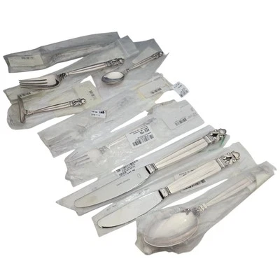 NEW 9 Pc Georg Jensen ACORN Sterling Silver Place Setting Fork Knife Spoon - Image 1 of 4