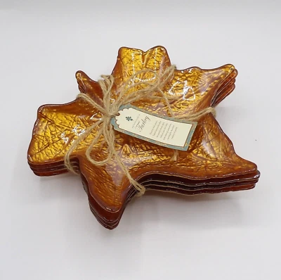 LEAF SHAPED TURKISH GLASS SALAD DESSERT PLATES AMBER/GOLD COLOR SET OF 4 NEW - Image 1 of 4