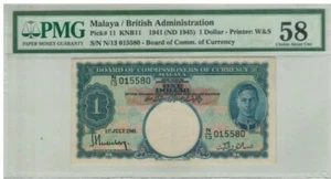 British Malaya 1941 KGVI $1 N/13 015580 PMG58 AUNC - Picture 1 of 2