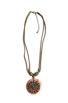 Coral Pink Abalone Shell Embellished Round Medallion Pendant Necklace Floral 21" - Image 1 of 4