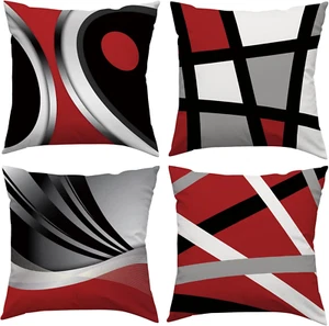 Red Throw Pillow Covers 18X18 Set of 4,Black Grey Abstract Stripes Decorative - Picture 1 of 12