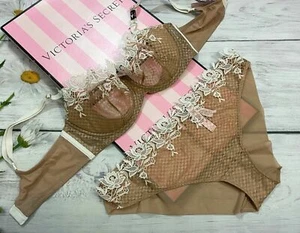 NWT Victoria’s Secret Dream Angels Unlined Embroide Bra Set Beige/Coconut White  - Picture 1 of 6