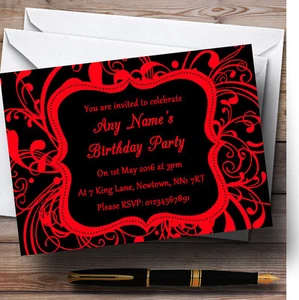 Black & Red Swirl Deco Personalised Birthday Party Invitations - Picture 1 of 1