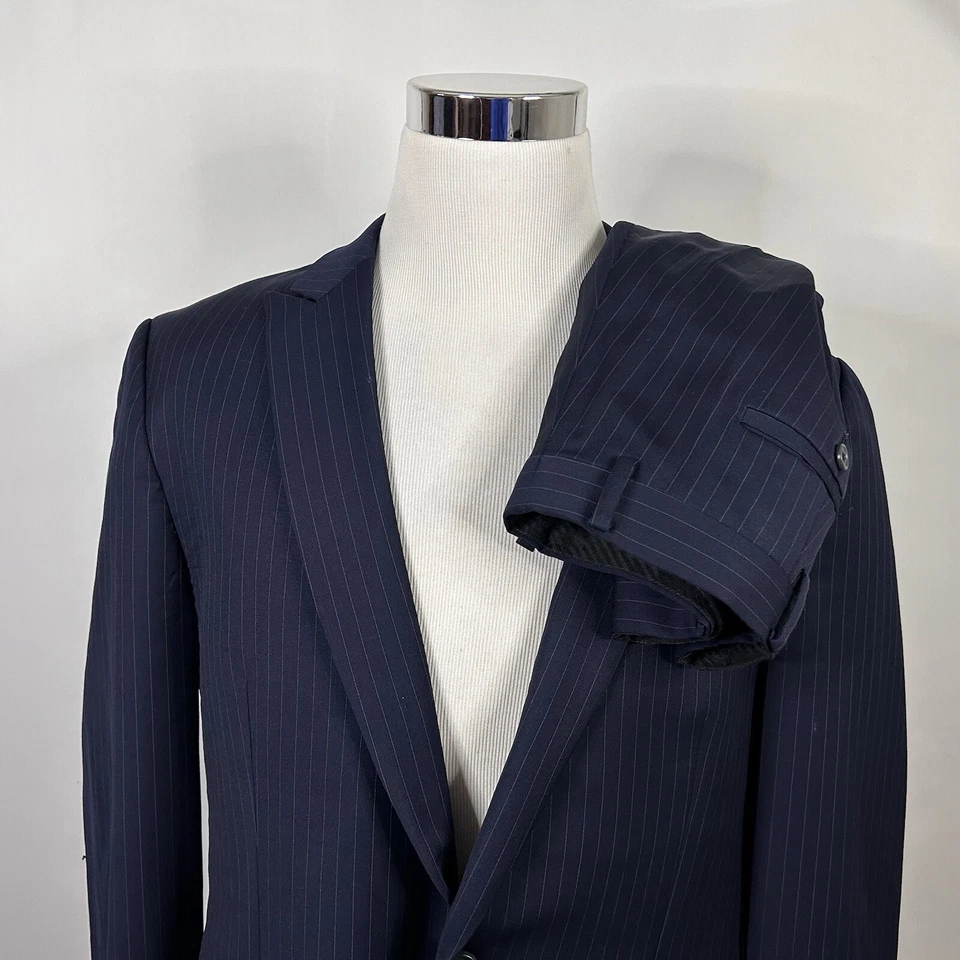 Michael Kors 44L Suit 36x30 Flat Front Navy Pinstriped Wool Two Button Vented - Image 1 of 4