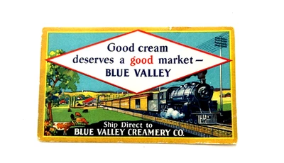 Blotter publicitario "Blue Valley Creamery Co." con tren viajando por el país* Foto 1 de 2