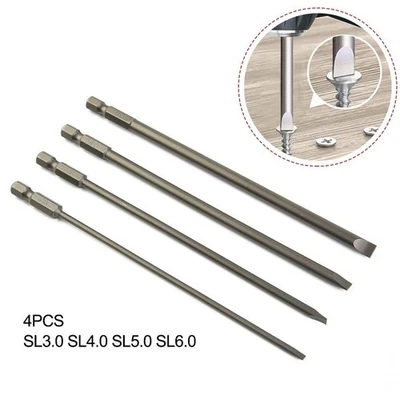Hex Shank Screwdriver Bit 150mm Long 4pcs 6.25mm / 1/4 Inch Flat Head Manual - Image 1 of 4