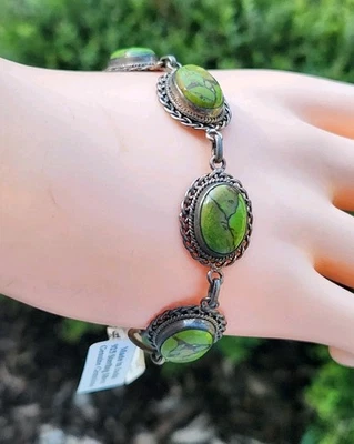 NWT 925 Pulsera de piedras preciosas genuinas de cobre verde de la India con turquesa de plata esterlina Foto 1 de 4