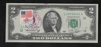 1976 Two Dollar Federal Reserve Note $2 Bill First Day of Issue w Stamp "Mint" - Image 1 of 2