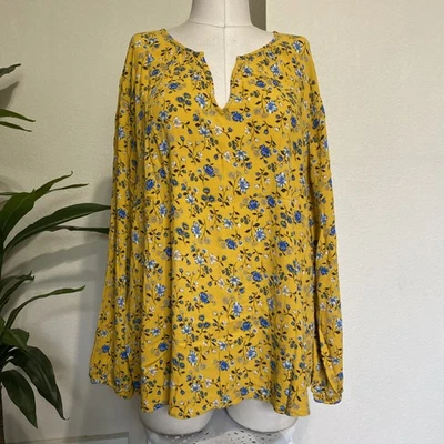 Старый темно-желтый синий цветочный верхний женщин XXL богемное раздельный воротник осени Flowy блузка - Изображение 1 из 4
