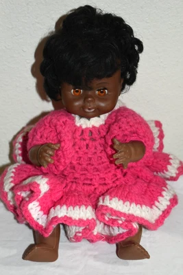 Vtg Uneeda 1969 Hong Kong African American 13" Girl doll Pink Crochet dress EUC - Image 1 of 4