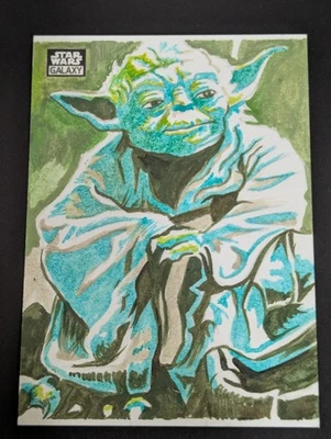 Jason Queen auto Sketch Yoda 1/1 Star Wars Galaxy Chrome - Image 1 of 2