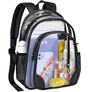 Clear Mini Backpack Stadium Approved 12x12x6 Small Heavy Duty Transparent Black - Picture 1 of 9
