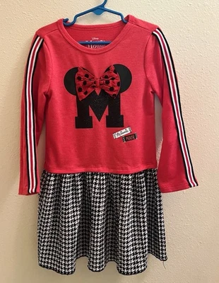 Vestido Disney Minnie Mouse manga longa xadrez saia plissada menina tamanho 5T vermelho preto - Imagem 1 de 2