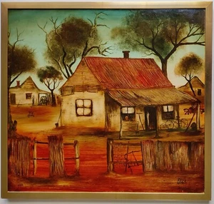 Pro Hart -- Australian village, OIL ON BOARD, 1968 - Picture 1 of 6