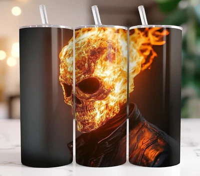 Vaso Calavera Llameante 20oz Fuego Motociclista Espíritu Fan Art Jinete Oscuro Negro Llama Taza Foto 1 de 4