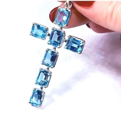 Naturale Topazio Blu Gemma 925 Argento Sterling Croce Ciondolo Natale Gift's - Immagine 1 di 4