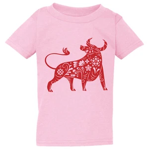 Chinese Zodiac New Year OX Bull Cow Pink T-Shirt Tee Baby Kids Boy Girl - Picture 1 of 3