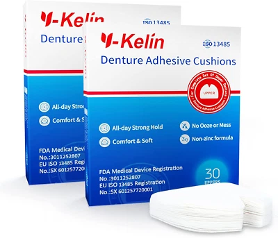 Y-Kelin Denture Adhesive Cushions Upper 30 Pads, 2 pack