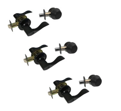 Cerradura de manija de puerta combinada de 3 palancas de entrada con llave de acabado negro mate Foto 1 de 4