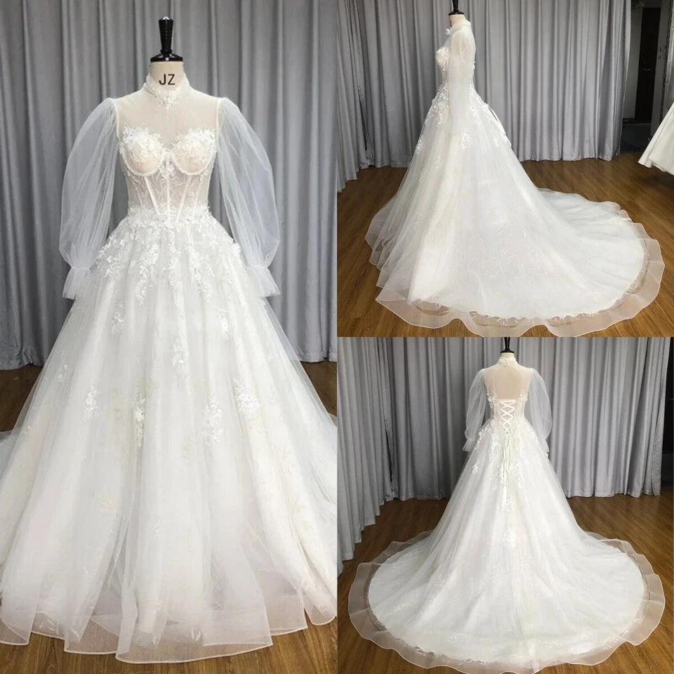 Luxury A-Line Wedding Dresses High Neck Puffy Sleeves Lace Applique Bridal Gowns - Image 1 of 4