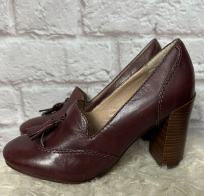 LANDS END Women Leather Maroon Stacked Sexy HEELS SHOES Tassels Sz 6B EUC - Image 1 of 4