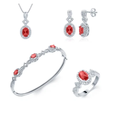 Oval Ruby and Diamond Accent 4 Piece Matching Set Earring Neclace Ring, Bangle - Image 1 of 4