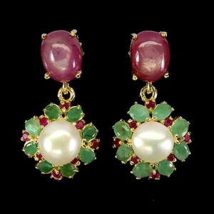 925 Sterling Silver Earrings Oval Ruby 10x8mm Emerald Pearl Gemstone Jewelry - Picture 1 of 14