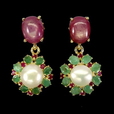 925 Sterling Silver Earrings Oval Ruby 10x8mm Emerald Pearl Gemstone Jewelry - Image 1 of 4