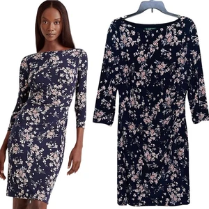 Ralph Lauren Kleid 14 blau Blumen Rüschen Etui Karriere Party bescheiden Event - Bild 1 von 10