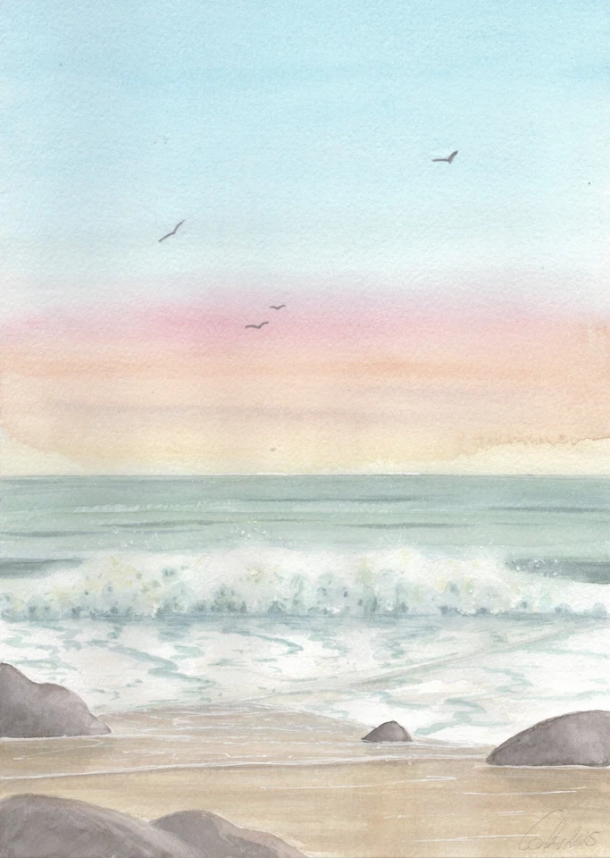 Original Aquarell - Sand,Strand,Felsen,Natur -  Seemotiv - Bild 1 von 1