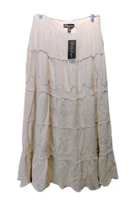 Gretty Zueger Boho Midi 35" Ivory Skirt Sz M Elastic Waist Embroidered Cotton - Picture 1 of 7