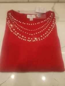 Quacker Factory Women's Top Sweater Sz S Pearl and Rhinest Necklace Red A668150 - Picture 1 of 5