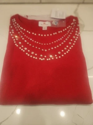Quacker Factory Women's Top Sweater Sz S Pearl and Rhinest Necklace Red A668150 - Image 1 of 4