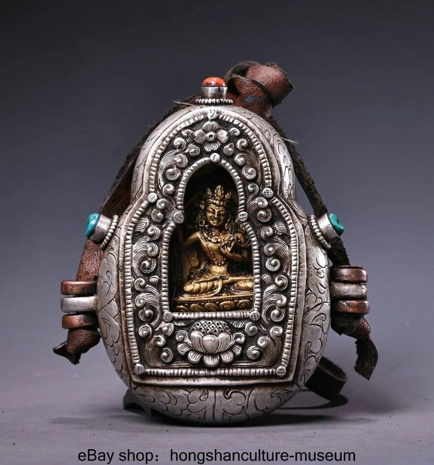 4 "Tibet Copper Silver Inaly Turquoise Wenshu Manjushri Buddha Ghau Shrine Box - Image 1 of 4